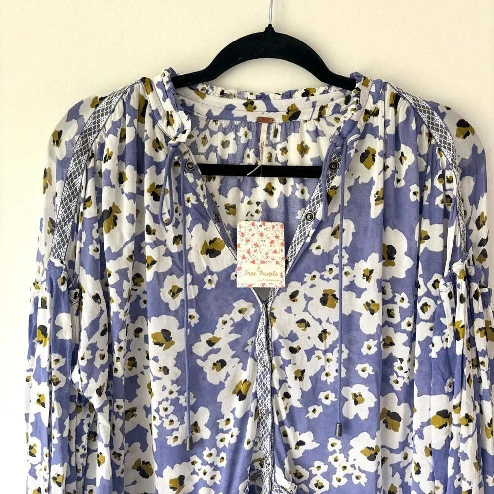 Free People Love Letter Tunic Rain Combo Blue White Floral Daisy Sheer Boho